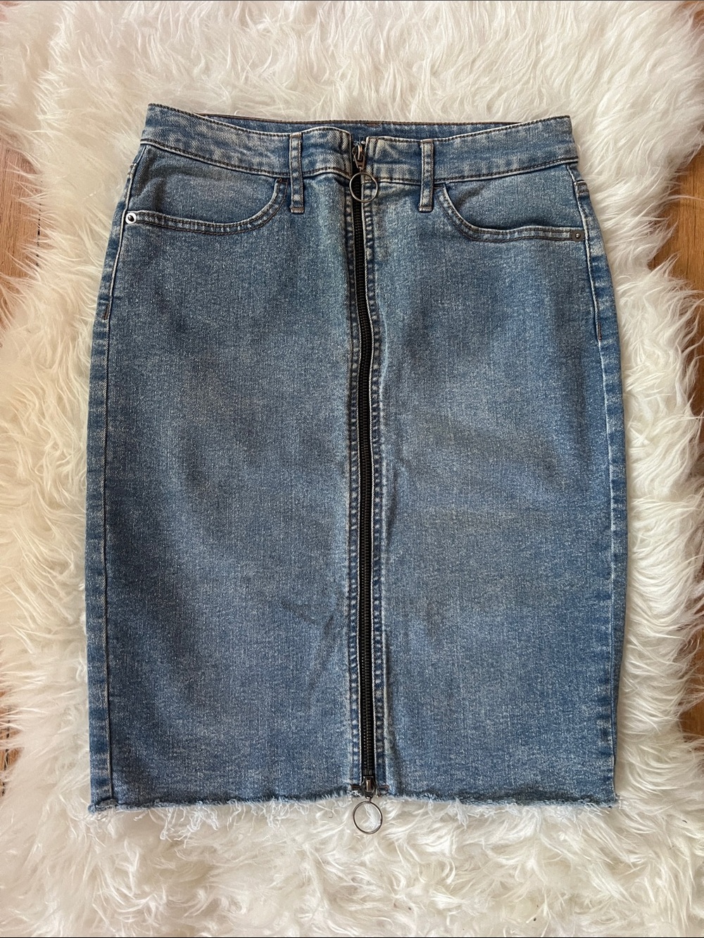 Blue Denim Zip-Front Pencil Skirt
